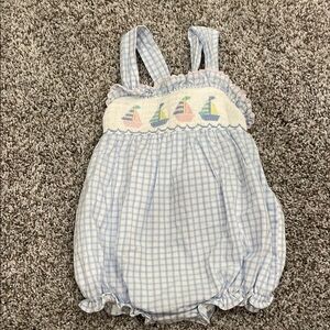 Blue Checkered Baby Romper with Sailboat Design